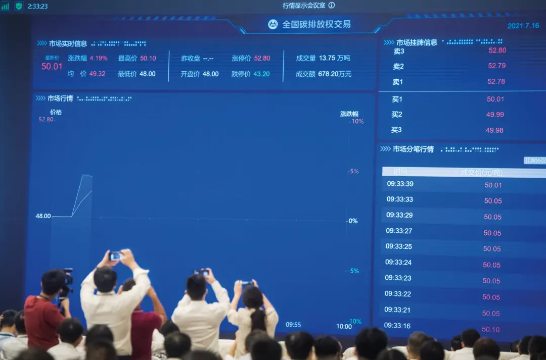 2021年7月16日，全國碳排放權交易市場上線交易啟動儀式以視頻連線形式舉行，在北京設主會場，在上海和湖北設分會場。圖/新華